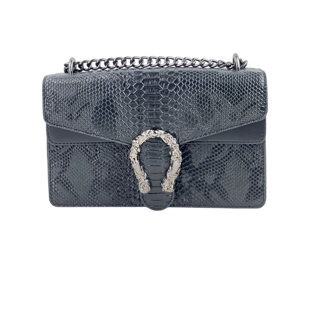 Myhozee Black Faux Leather Chain Strap Snakeskin Horseshoe Shoulder Bag Handbag